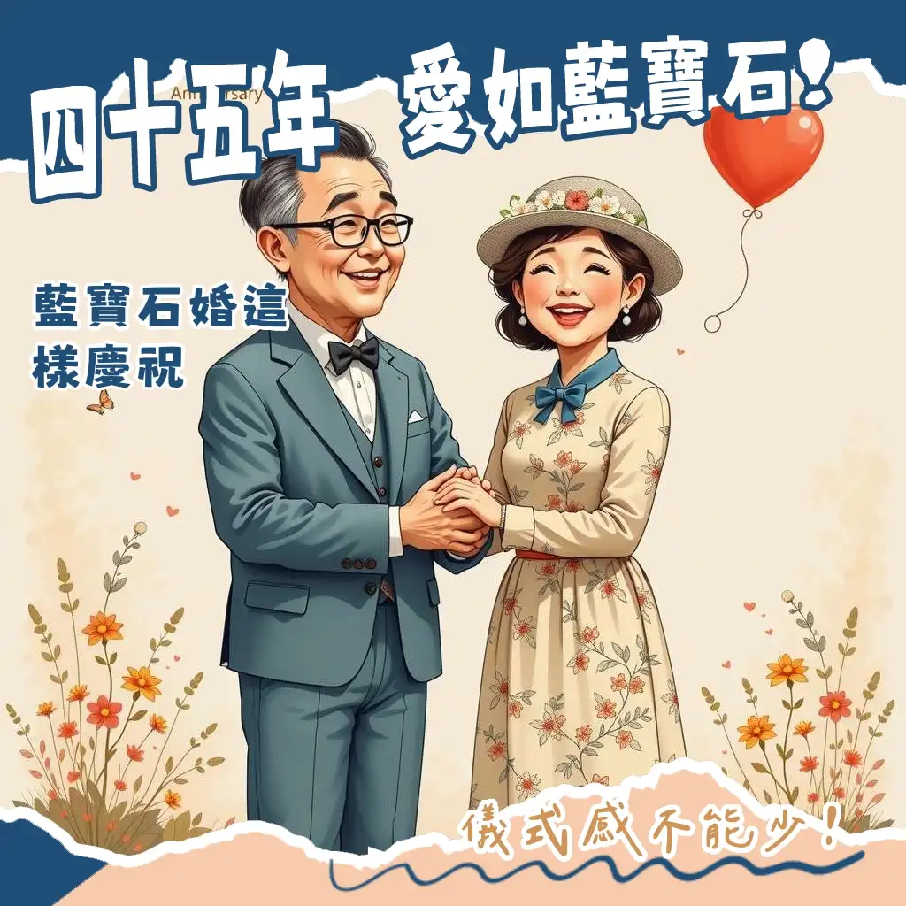 結婚45週年藍寶石婚慶祝指南，包含禮物推薦、家庭派對規劃與心意傳達，展現堅貞情感。