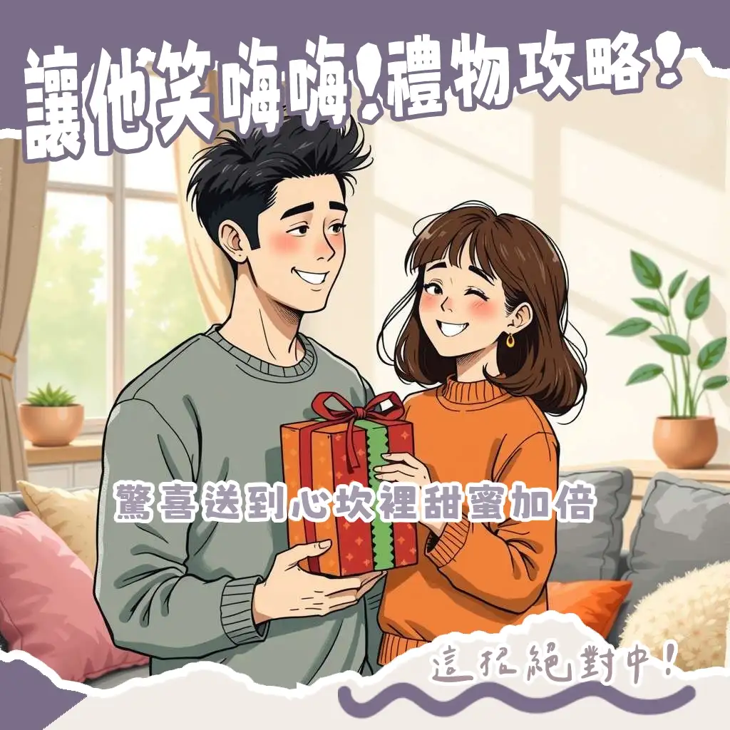 一張正在包裝精美男友生日禮物的照片，展現心意與多樣化的實用禮物選項，包含3C產品和生活品味小物。