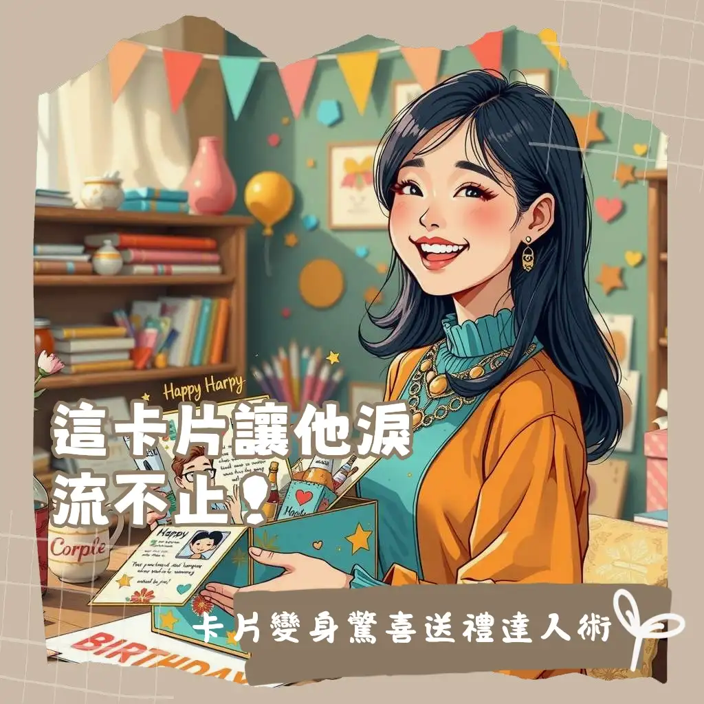 多款生日卡片創意設計圖，展示機關卡片、爆炸盒、主題造型卡片，提供DIY靈感與教學大綱。