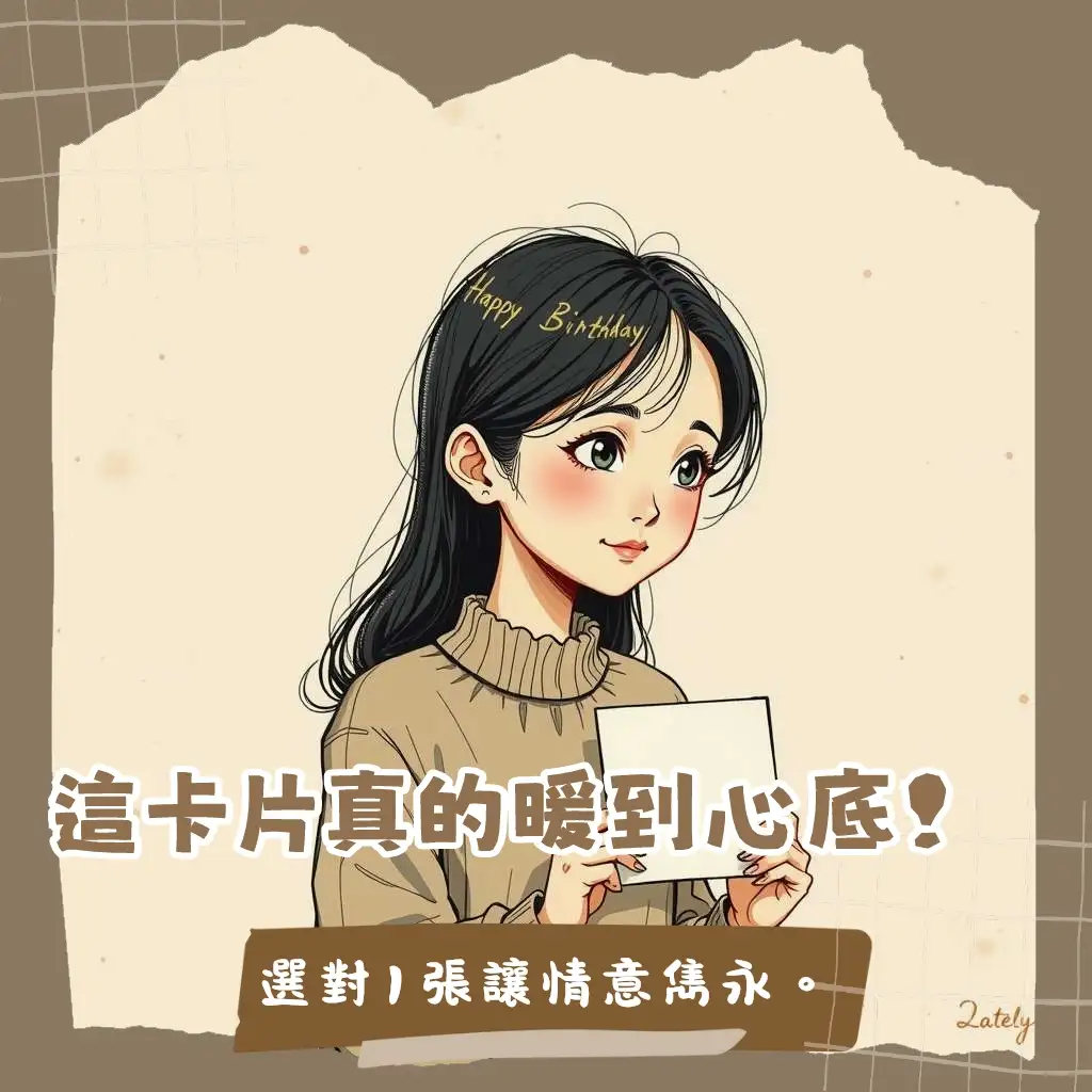 一張以米白色為底的簡約生日卡片，搭配單一小蛋糕插畫與手寫字體「Happy Birthday」，展現質感設計與留白美學。