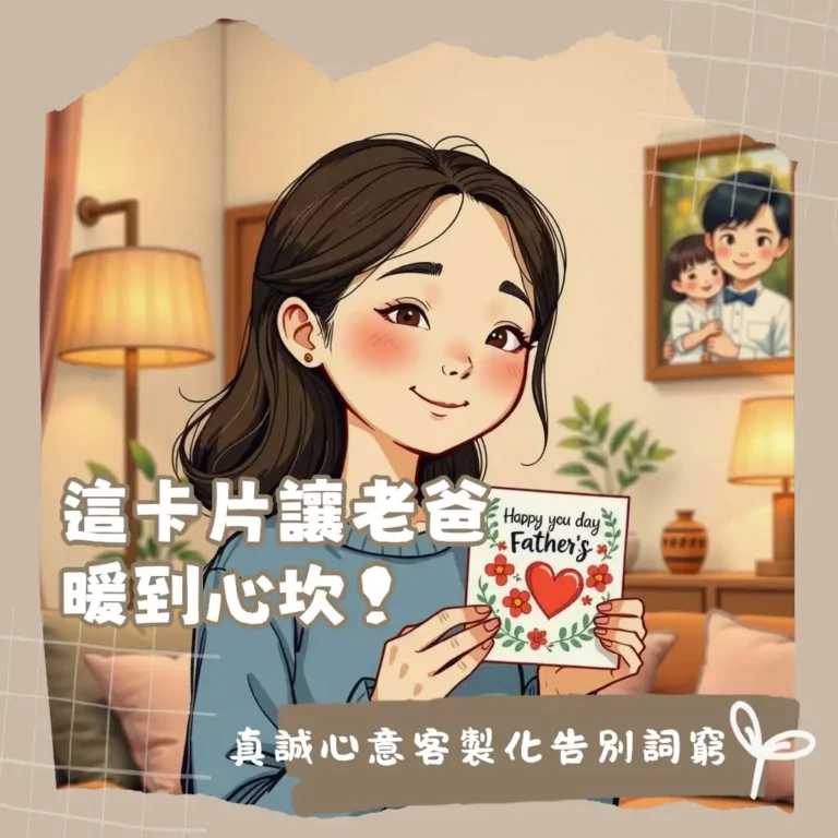 父親節卡片內容範本，手寫卡片示意圖，包含溫馨、幽默、感謝回憶等風格的文字範例。