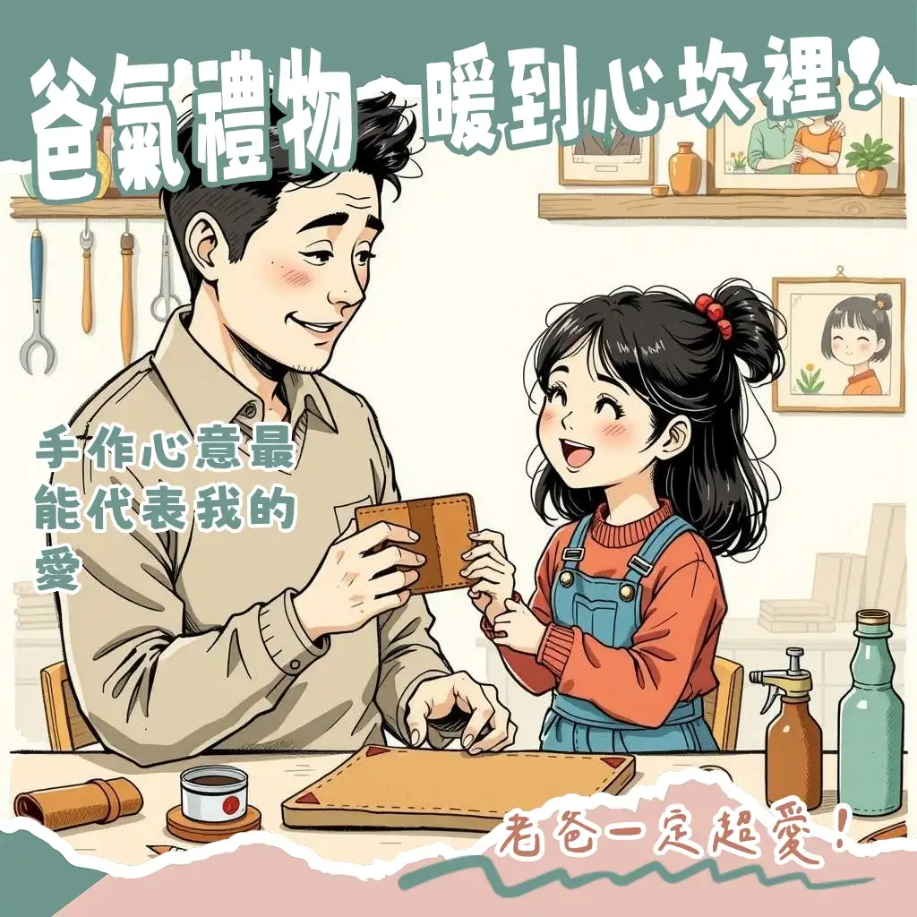 父親節禮物手作提案，包含皮革小物、客製酒標與回憶相冊等DIY點子。