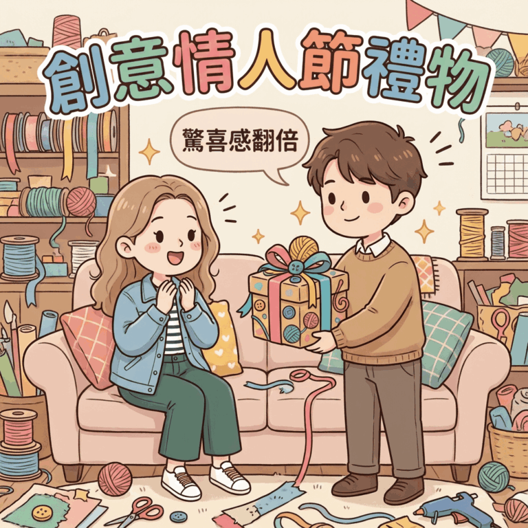 創意情人節禮物推薦清單，包含客製化拼圖、搞怪抱枕與實用家電，桌上擺滿包裝精美的禮盒。