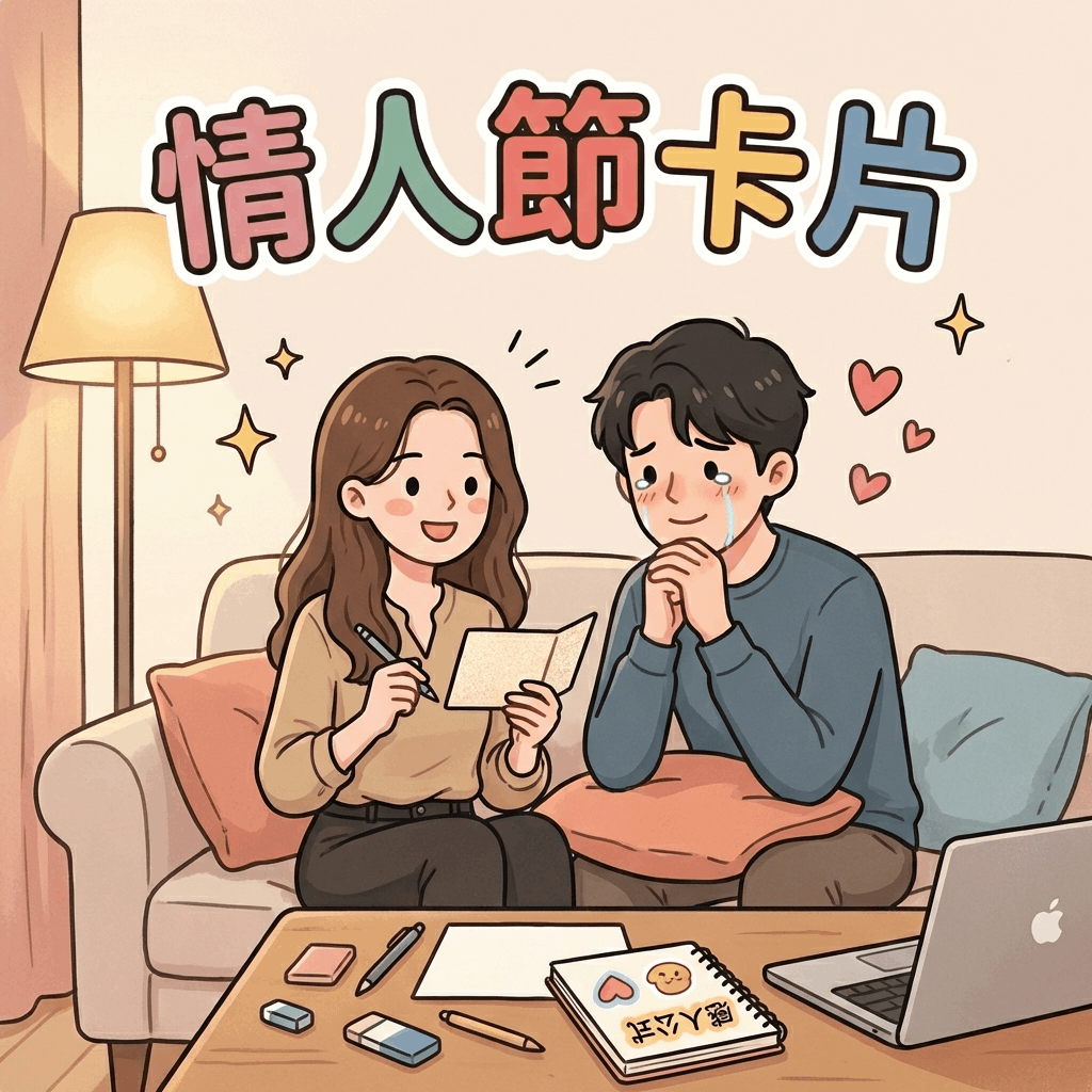 女生正在書桌前專注撰寫情人節卡片內容，桌上擺放鋼筆、貼紙與質感信封。