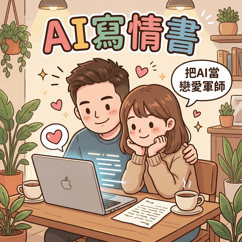 女生手持鋼筆在精緻卡片上抄寫由AI生成的浪漫情書，桌上擺著筆電與乾燥花。