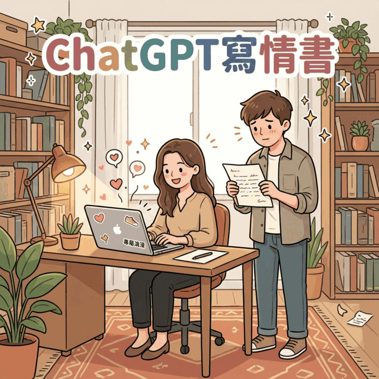 ChatGPT寫情書操作介面與浪漫手寫卡片示意圖