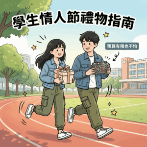學生情侶開心互送包裝精美的情人節禮物，手上拿著情侶同款大學T與拍立得