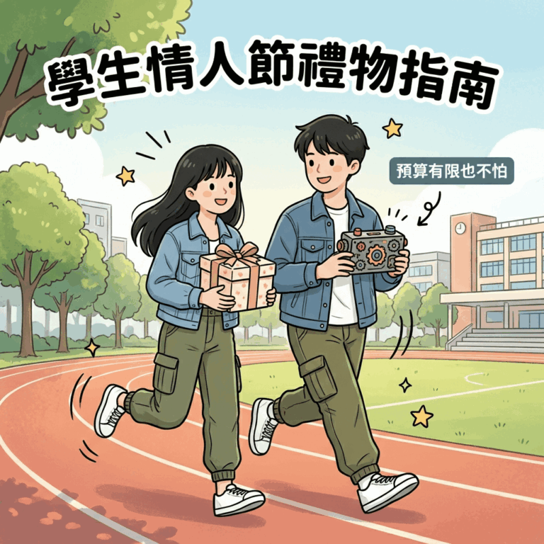 學生情侶開心互送包裝精美的情人節禮物，手上拿著情侶同款大學T與拍立得